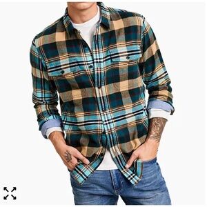 Sun + Stone Reagan Plaid Flannel Shirt Turquoise Green White Mens Button up Sz M